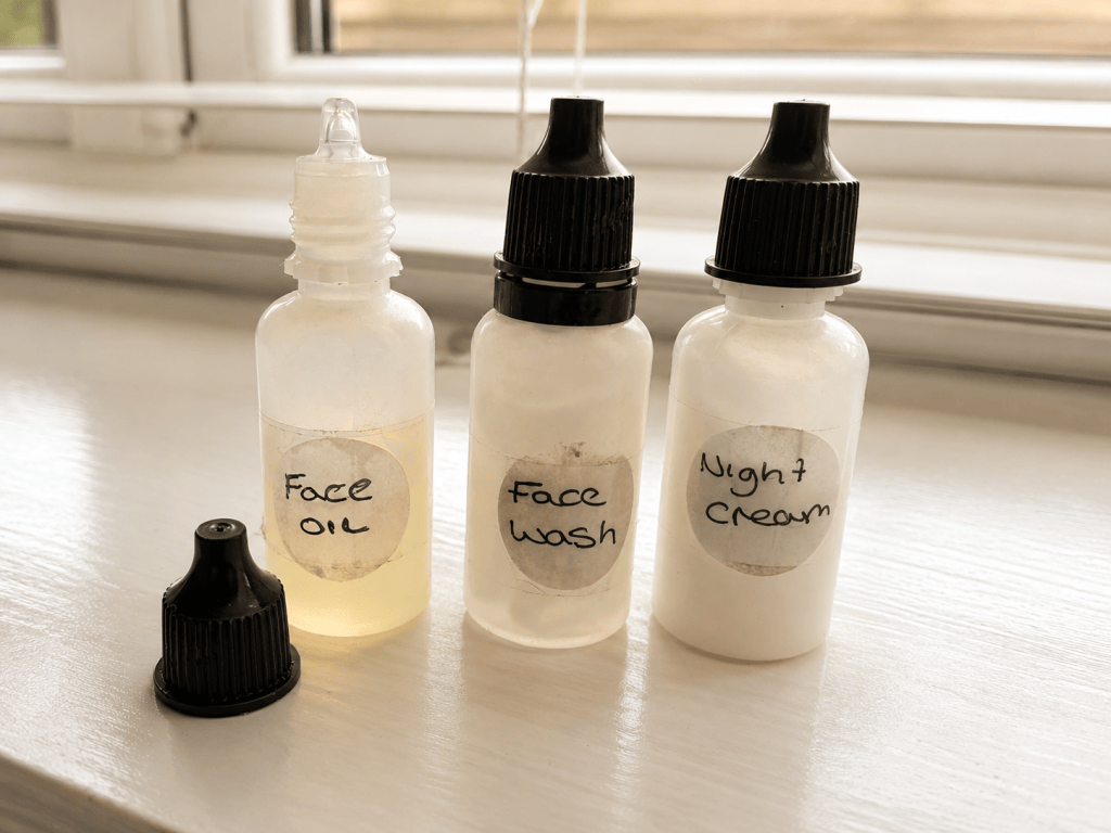 Tiny reusable eye-drop bottles used to decant cleanser, toner and skincare serums for travel.