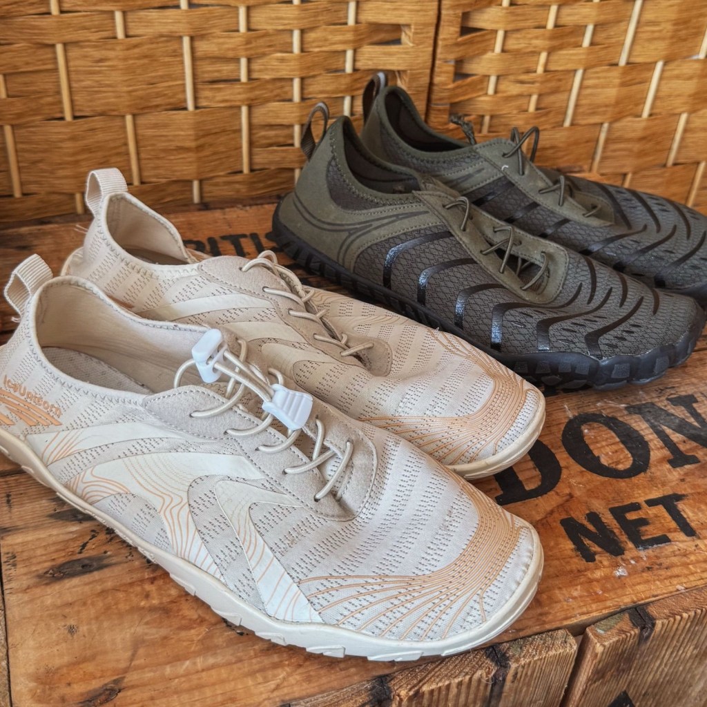 Beige and dark-khaki IceUnicorn water shoes with flexible soles and wide toe boxes.