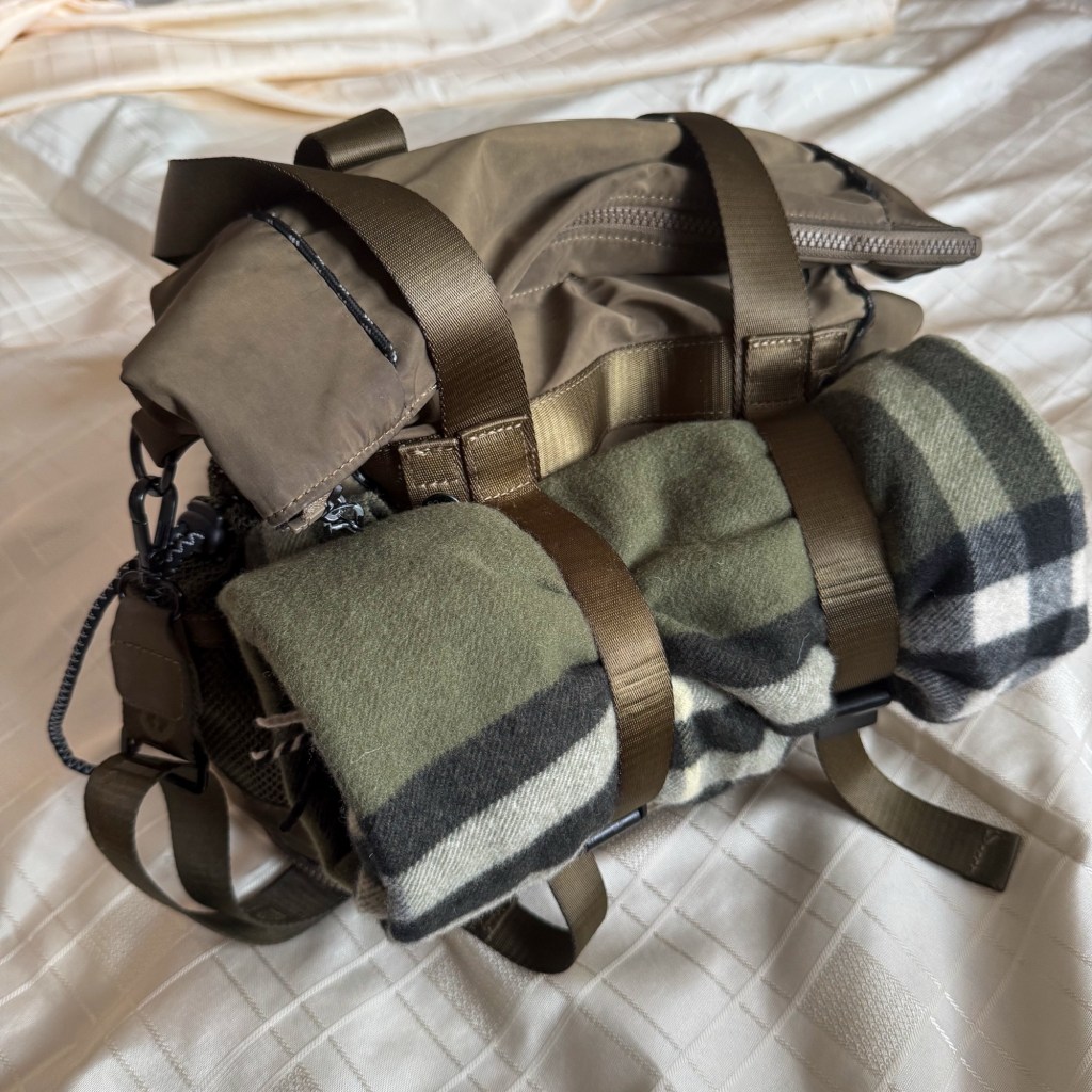     Scarf secured beneath the adjustable straps on the front of the Desigual Voyager XL.
