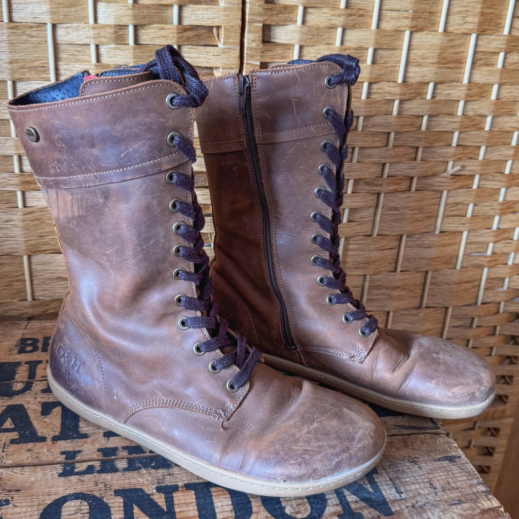 Dark brown Oak & Hyde Beech 12 barefoot boots with side zips and a higher leg.